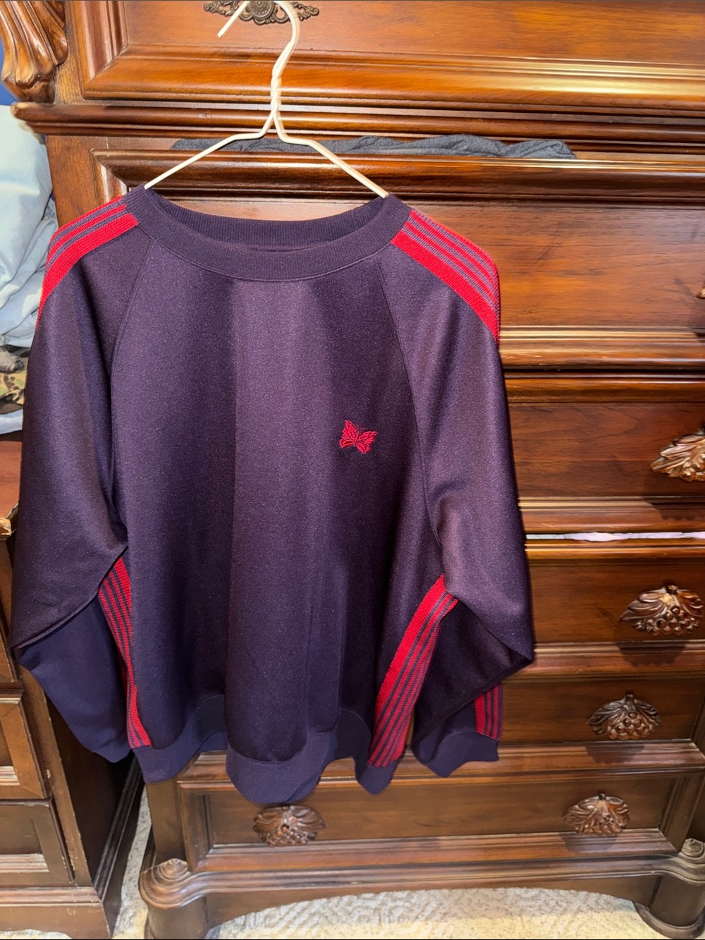 Needles Men's Dark Purple Crewneck Sweater with Red Stripes